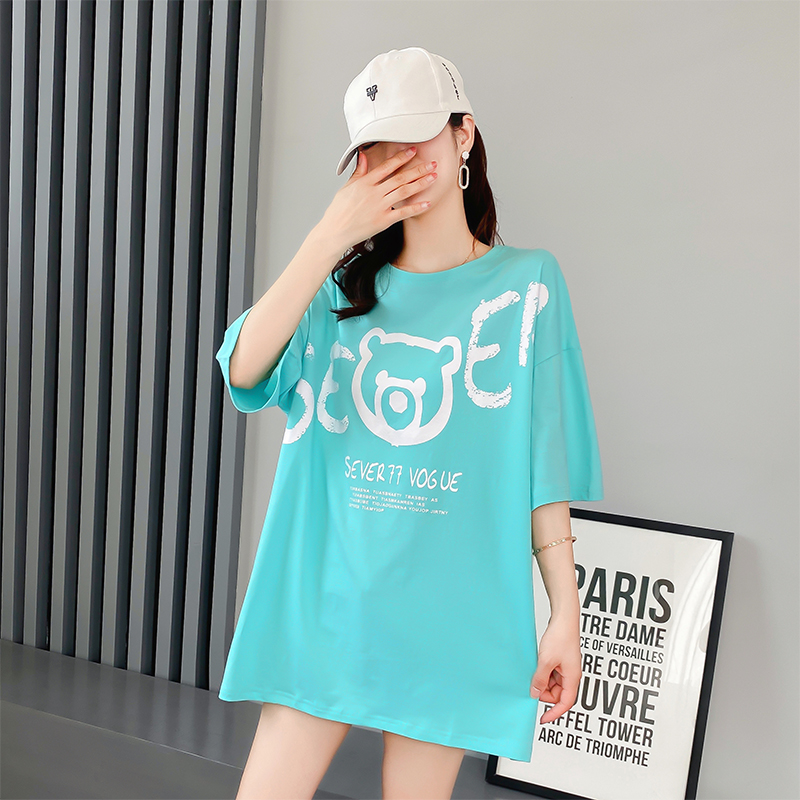 Original real shot cotton short sleeve T-shirt women's mid long loose summer new Korean fashion bear top