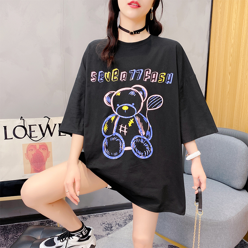 Real shot of cotton t-shirt female student loose short sleeve mid long Korean summer new bear fashion brand