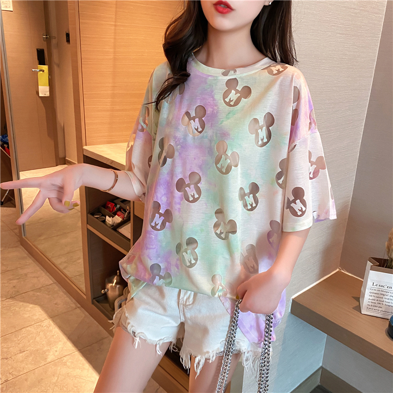 Real shot cotton hollow out medium length loose T-shirt net red dress large women's dress