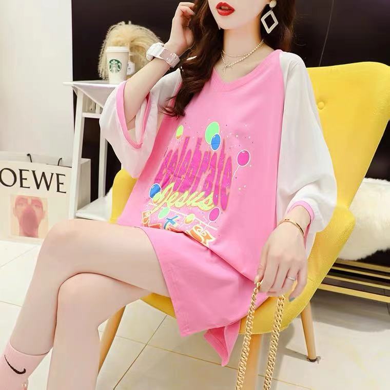 Official picture ~ Chiffon splicing V-neck new large size slim short sleeve T-shirt women's 6535 medium length