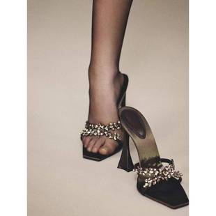 杨树林同款交叉带水钻高跟鞋女法式绸缎黑色链条凉鞋性感露趾凉拖