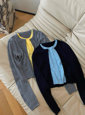 25早秋新款小众设计复古假两件撞色叠穿针织开衫女显瘦百搭上衣
