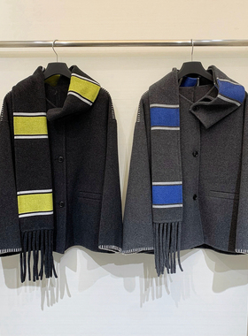 25秋冬AC家小众设计复古撞色羊毛围脖流苏撞色口袋毛呢大衣