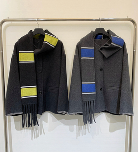 25秋冬AC家小众设计复古撞色羊毛围脖流苏撞色口袋毛呢大衣