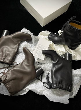 25早秋小众设计复古做旧方头粗跟高跟鞋女百搭显瘦时装靴抽绳靴