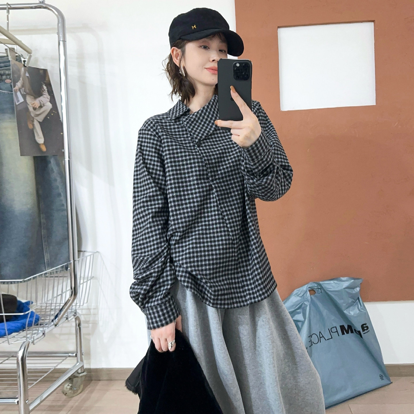 不规则翻领磨毛格子衬衫女欧洲站