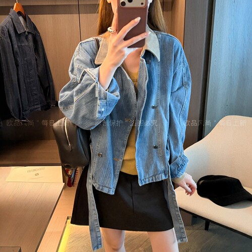 撞色翻领收腰牛仔外套女欧洲站潮