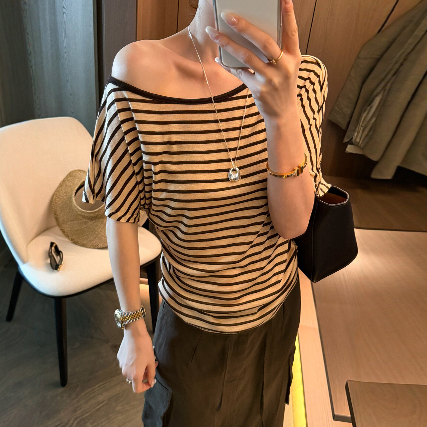 一字领露肩天丝羊毛针织衫女欧货