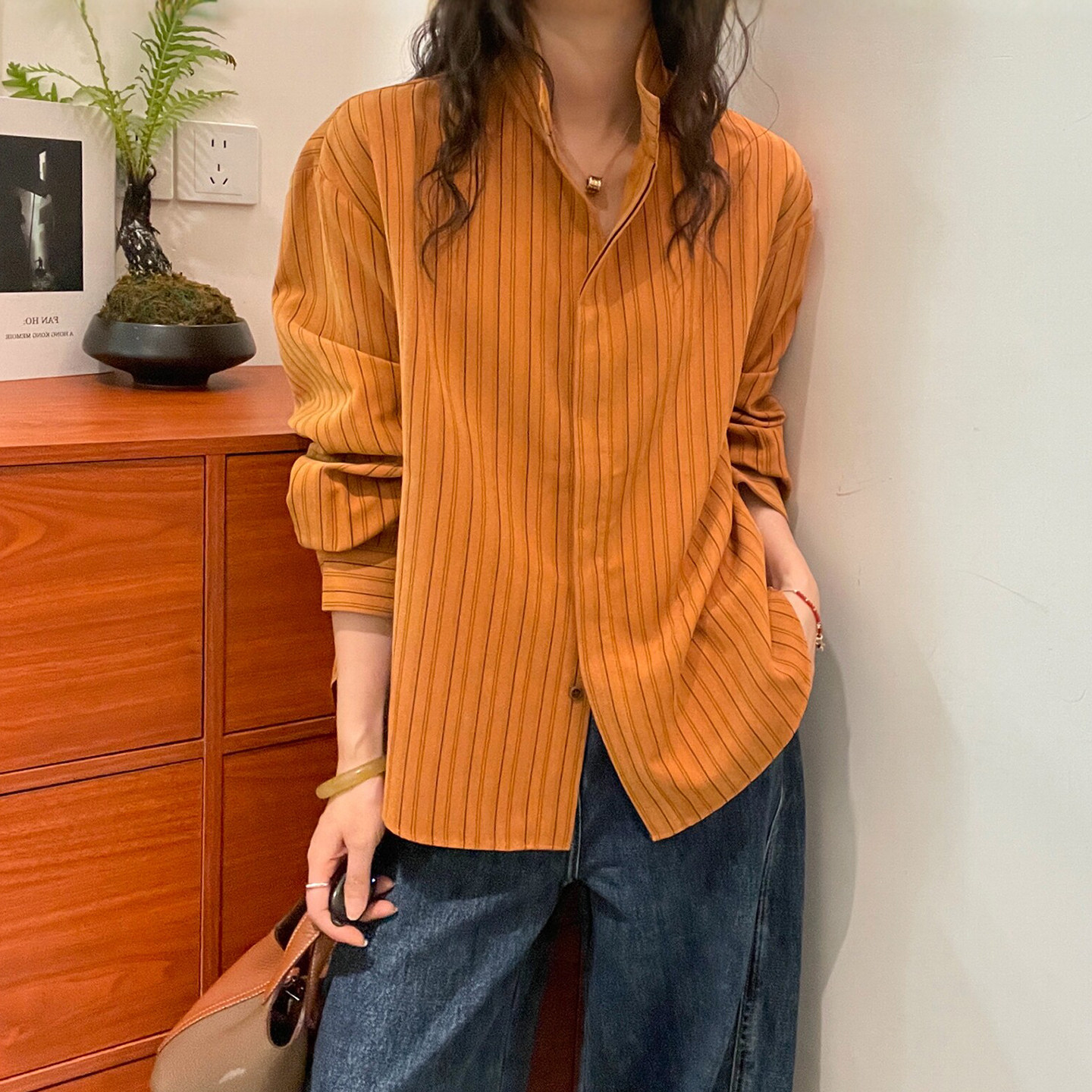 复古立领竖条纹衬衫女欧洲站上衣