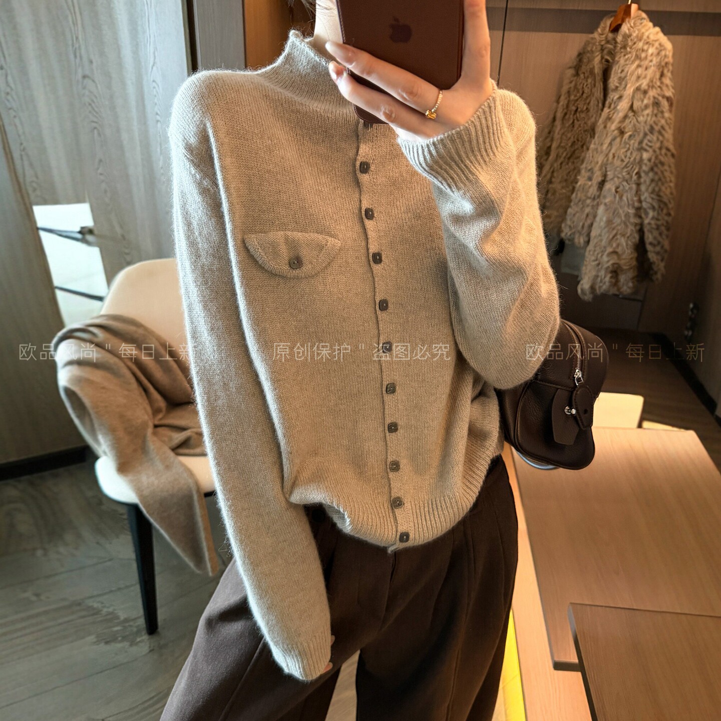 小半高领绵羊毛针织开衫女欧洲站