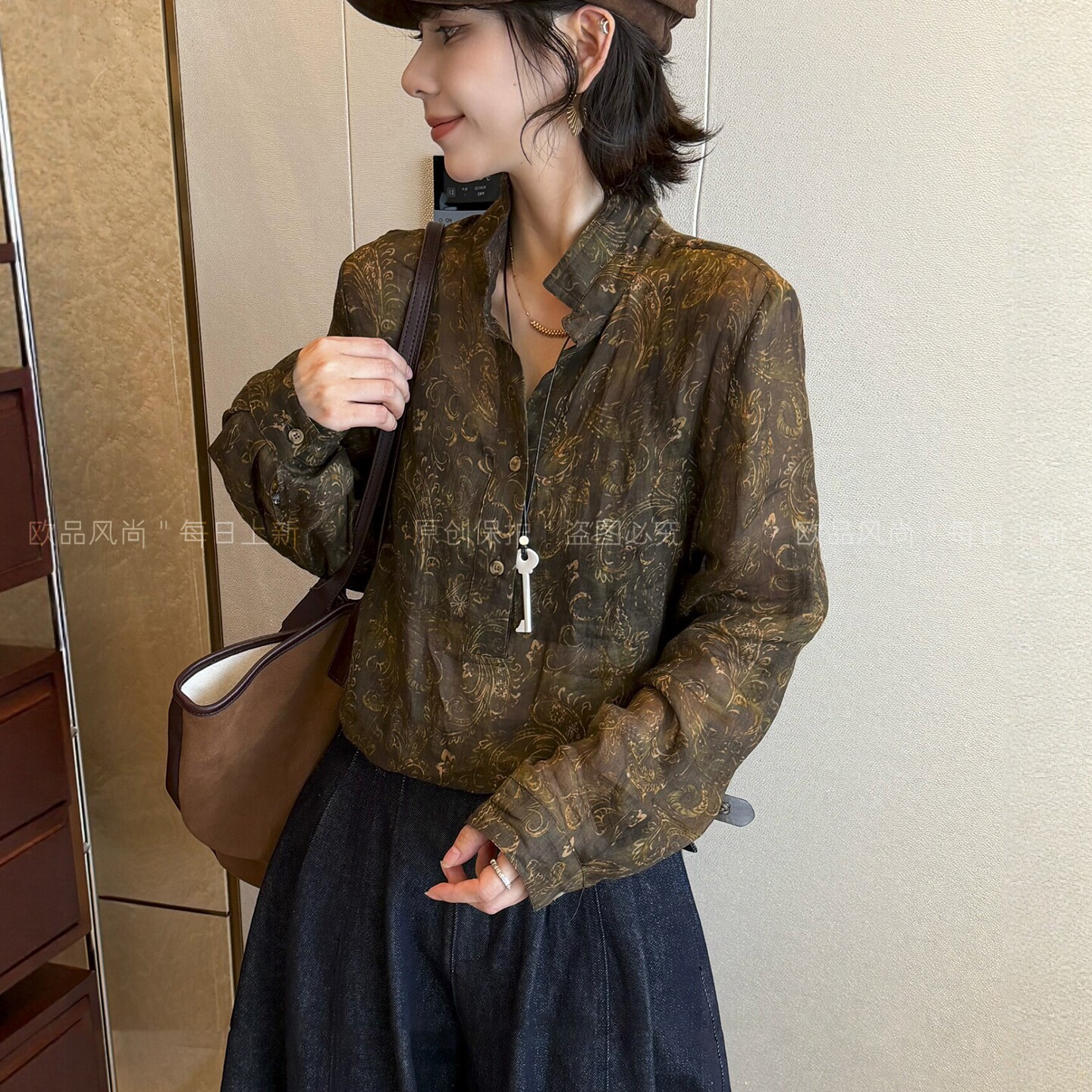 100%苎麻复古印花衬衫女欧货上衣