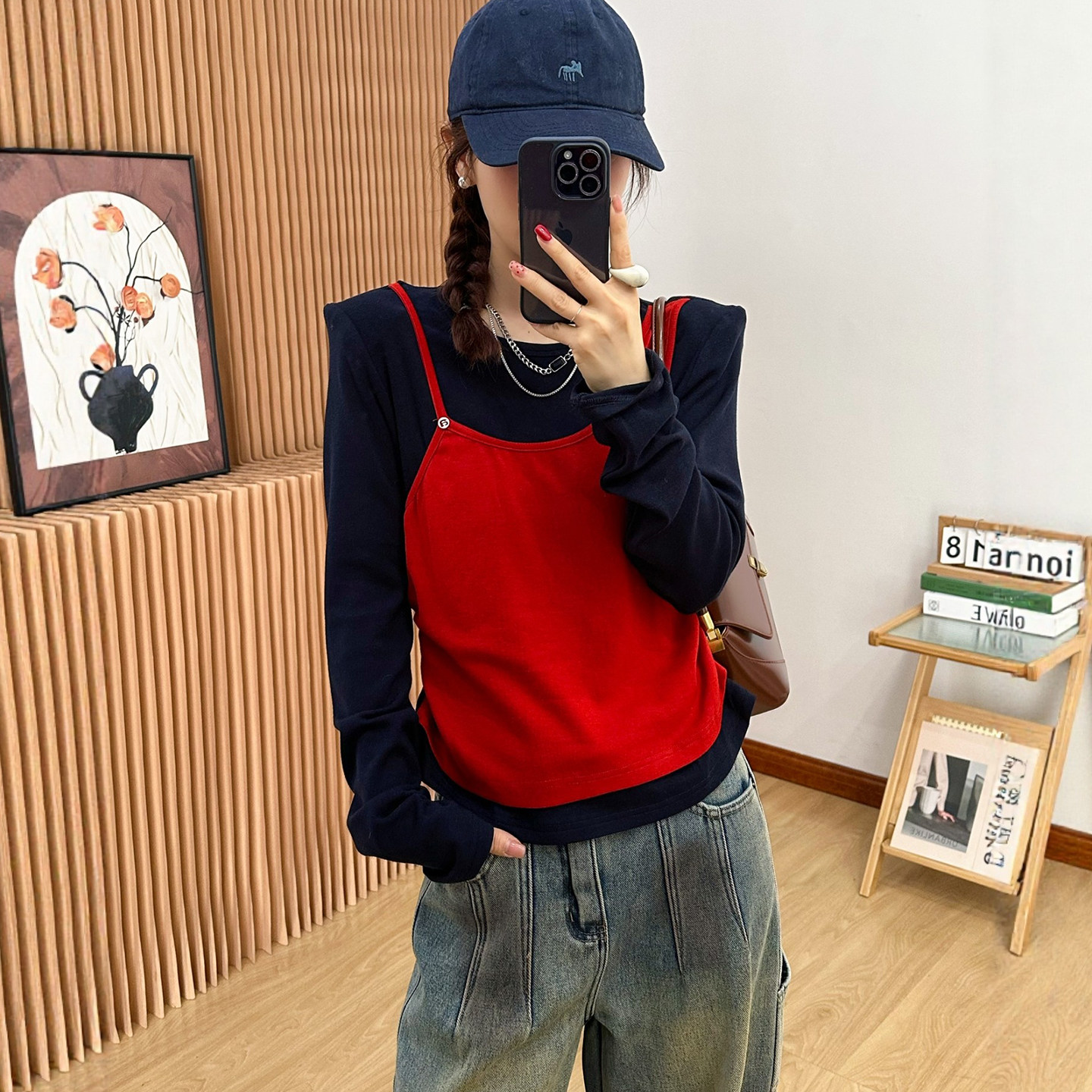 假两件吊带背心磨毛T恤女欧洲站2025冬装新款欧货女装打底小衫潮