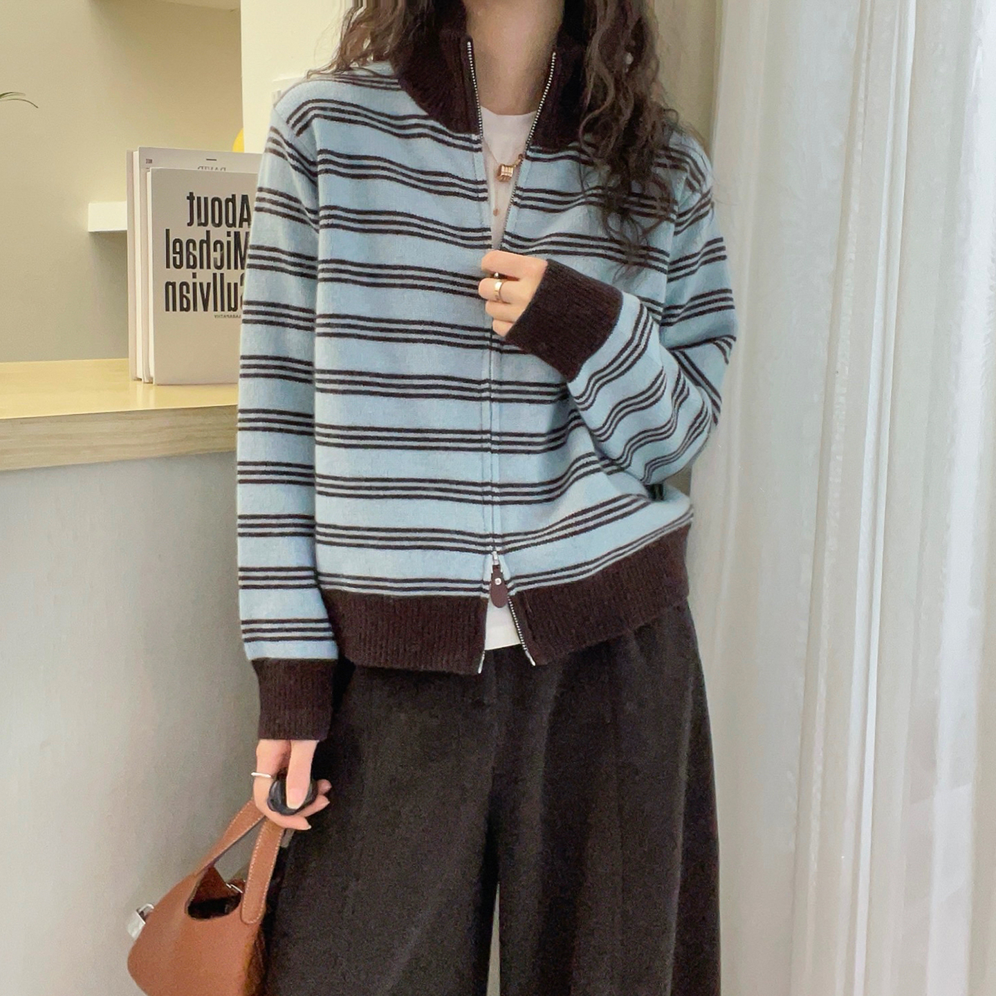 撞色条纹羊绒针织开衫女欧洲站潮