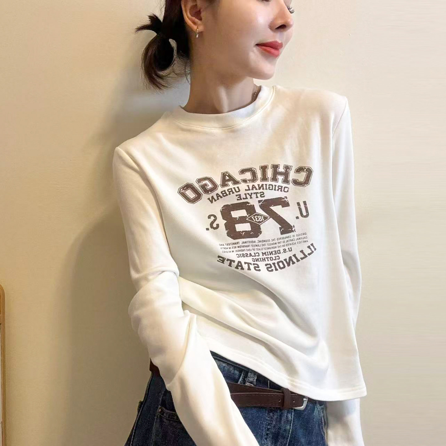 字母印花短款加绒T恤女欧洲站潮