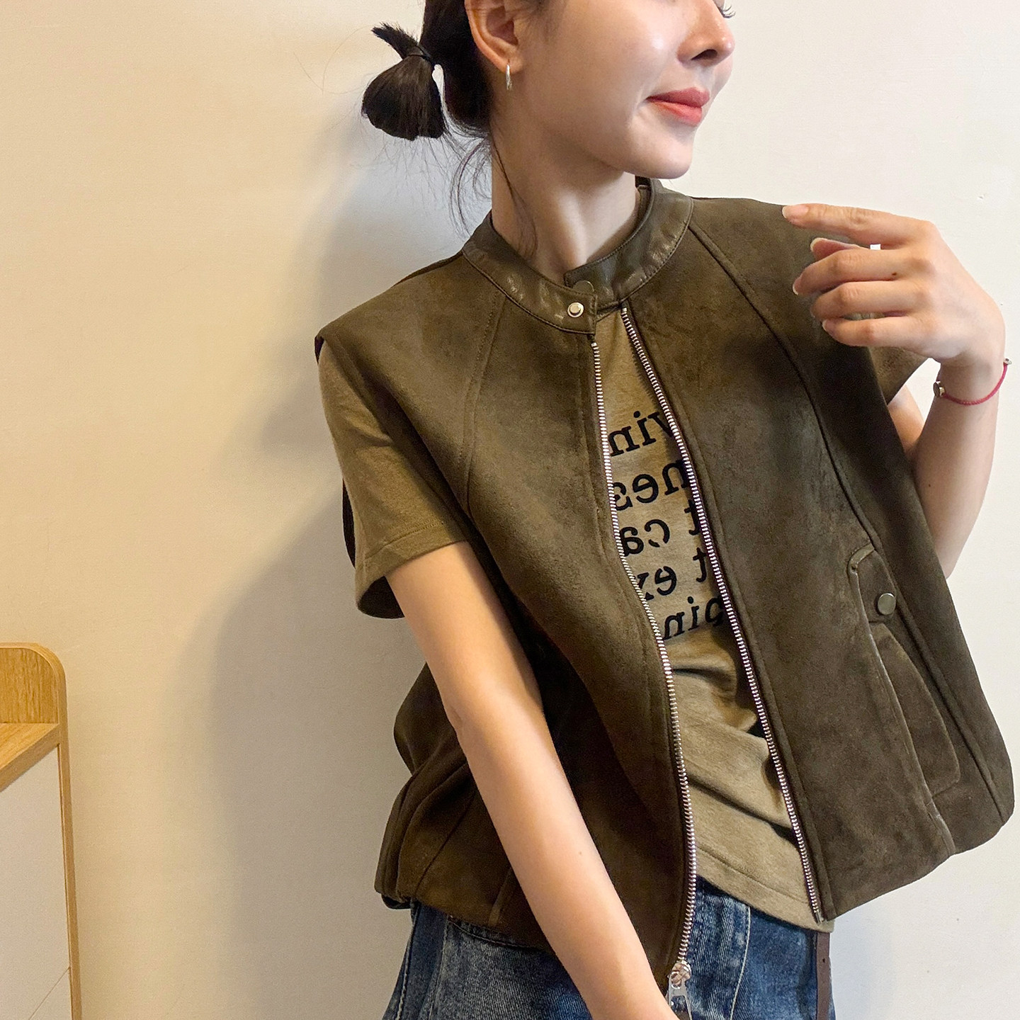 复古立领麂皮绒马甲外套女欧洲站