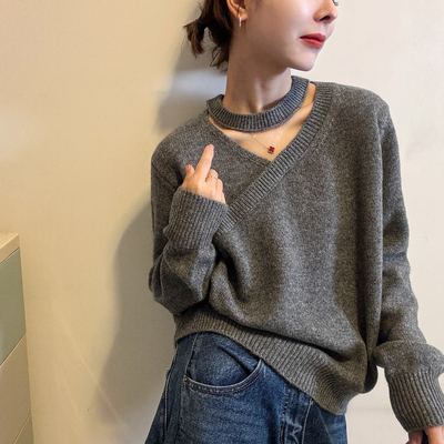 复古镂空挂脖羊毛针织衫女欧洲站