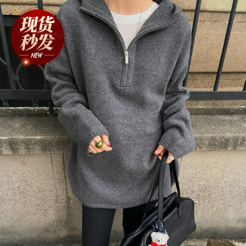 复古连帽半拉链羊绒针织衫女欧货