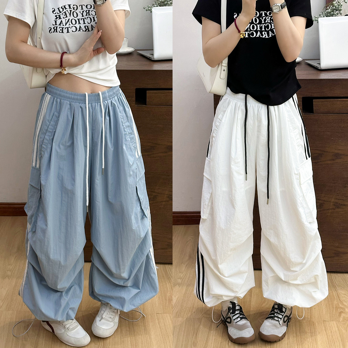 侧边条纹工装阔腿裤女欧洲站裤子