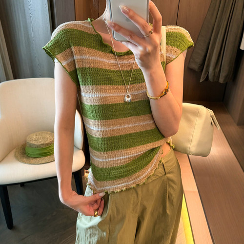 木耳边飞飞袖冰丝针织衫女欧洲站