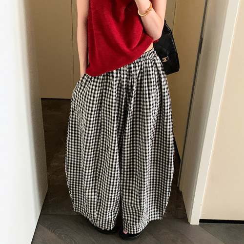 撞色格子九分亚麻阔腿裤女欧洲站