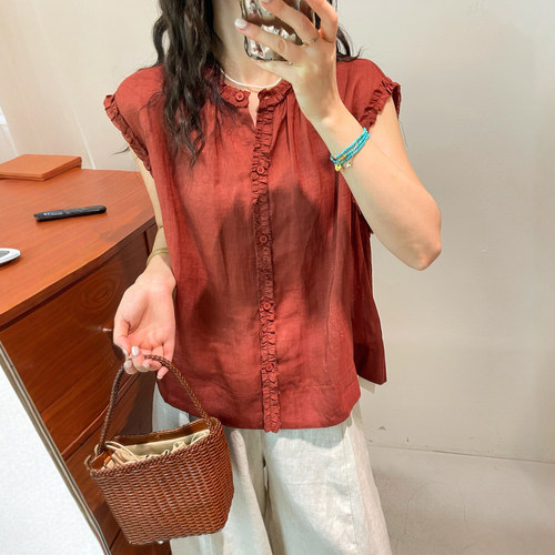 木耳边苎麻小飞袖衬衫女欧货上衣