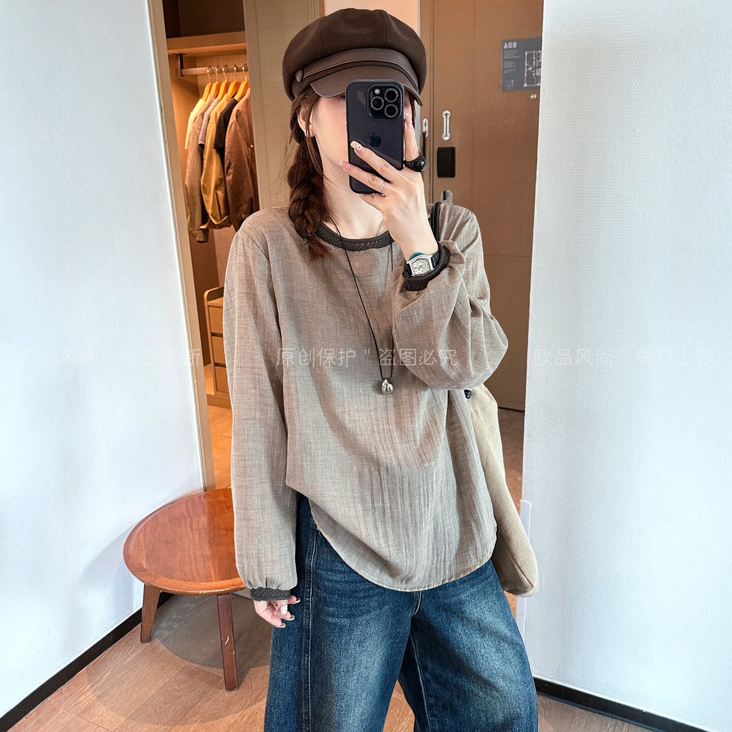 复古镂空编织棉麻衬衫女欧货上衣