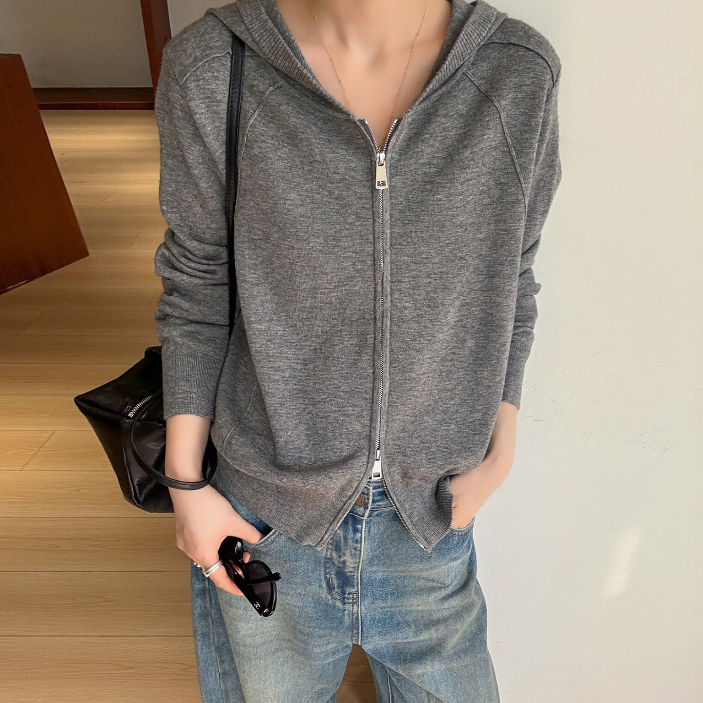 双拉链连帽羊毛针织开衫女欧洲站