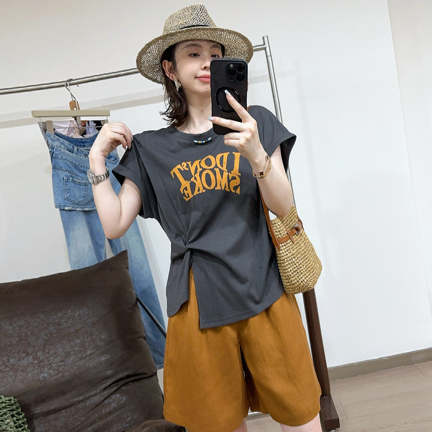 侧边打结字母印花短袖T恤女欧货