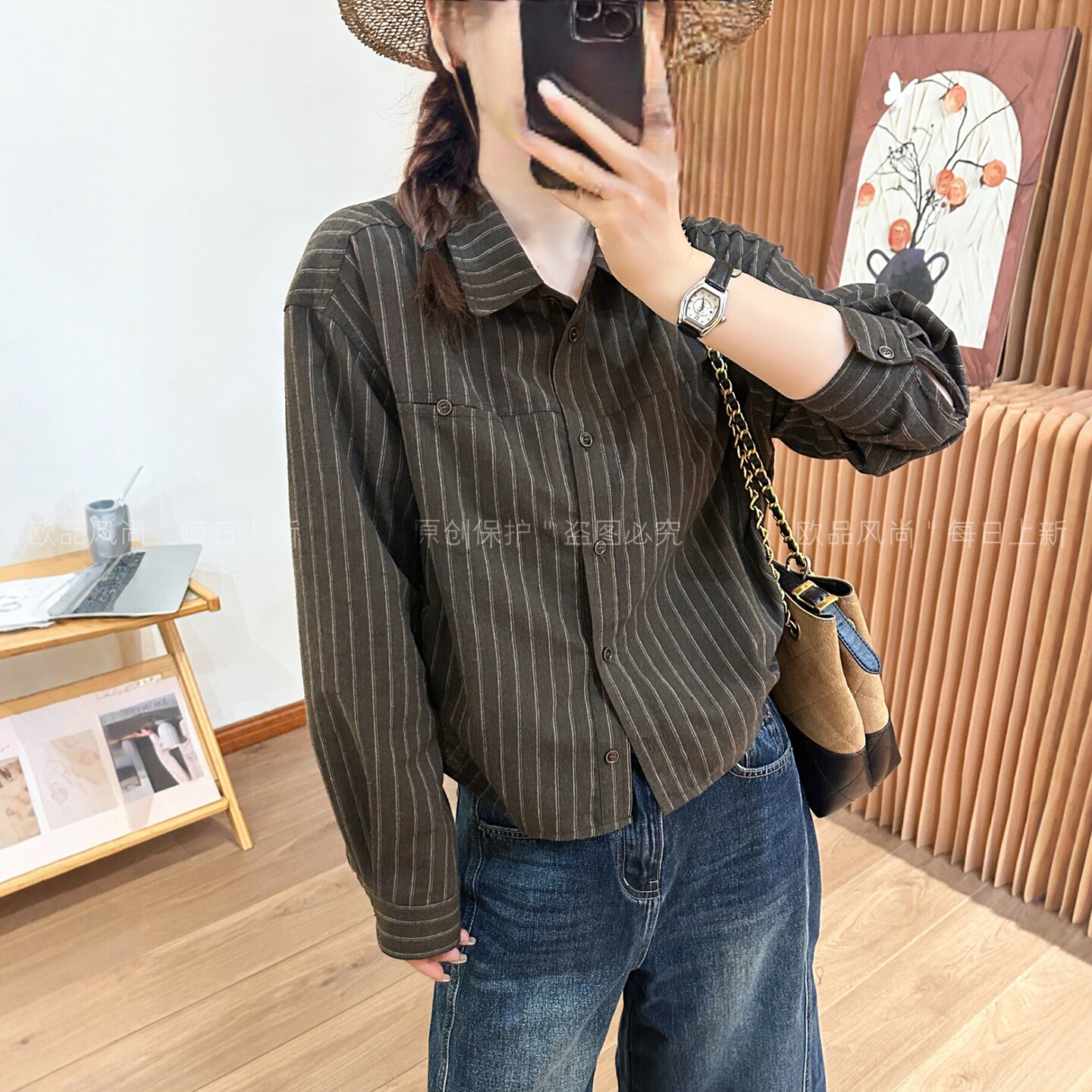POLO领竖条纹休闲衬衫女欧洲站潮