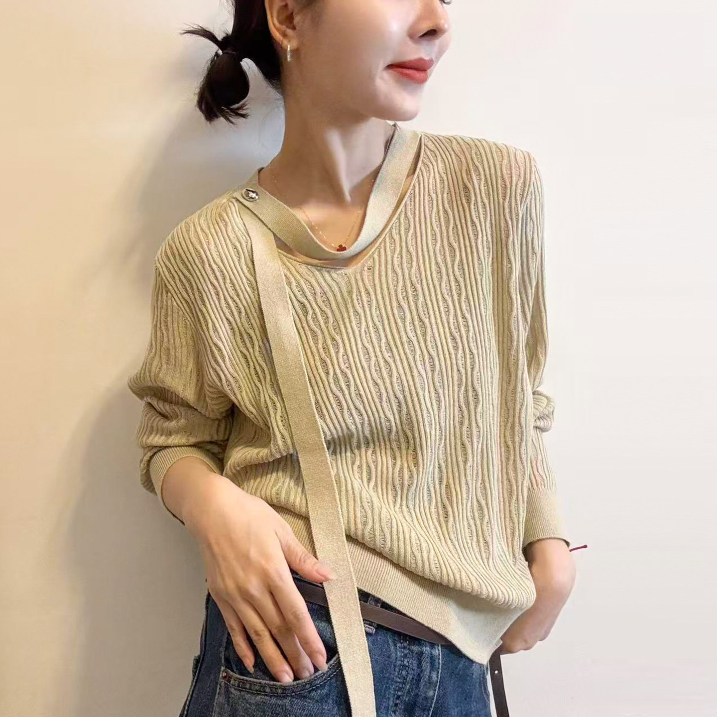 肌理感飘带细羊毛针织衫女欧洲站