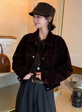 复古翻领天鹅绒棒球服外套女欧货