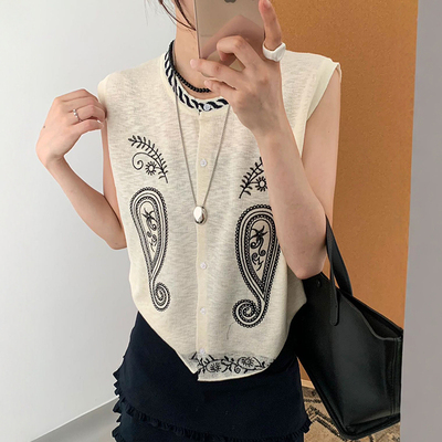 重工刺绣亚麻冰丝针织开衫女欧货