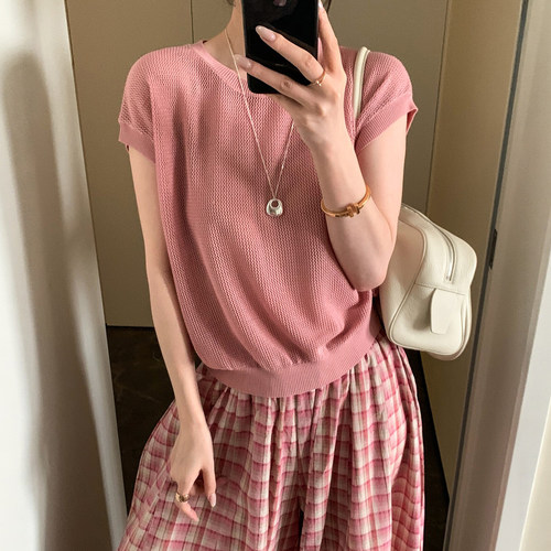 镂空钩花小飞袖冰丝针织衫女欧货
