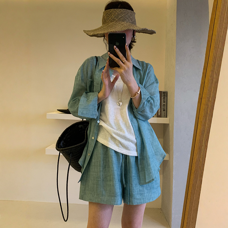天丝苎麻衬衫阔腿裤短裤两件套装女欧洲站2025夏装新款欧货女装潮