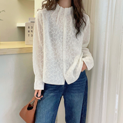 蕾丝钉珠半高领羊毛针织衫女欧货