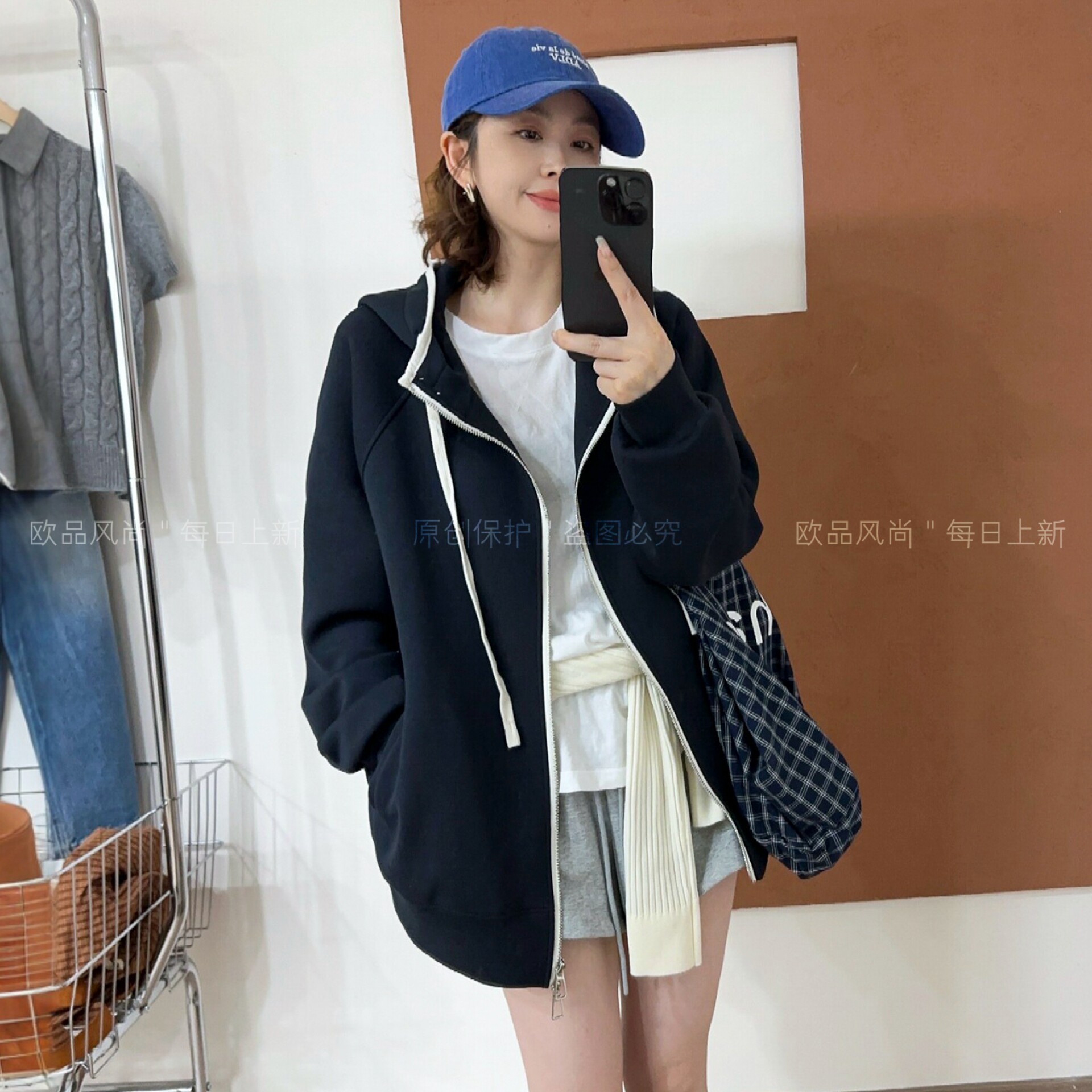抽绳连帽卫衣开衫短外套女欧洲站