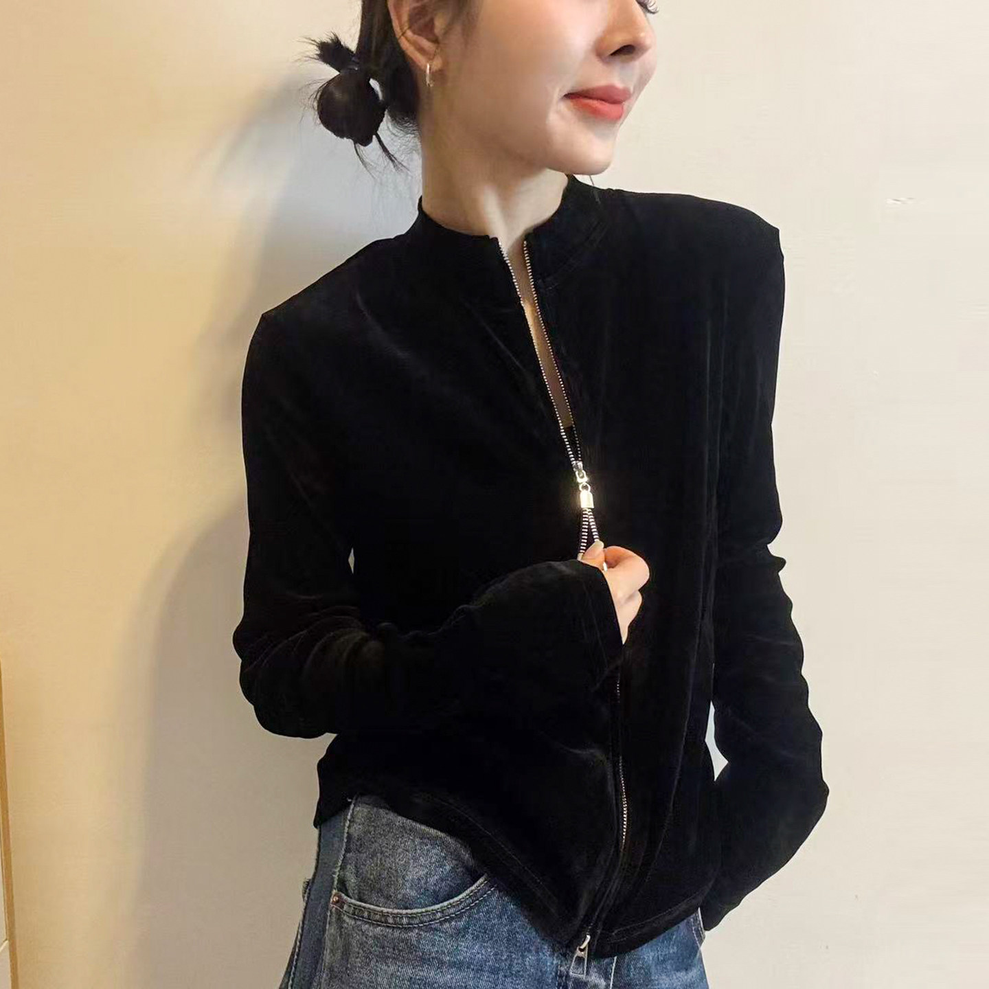 双拉链立领金丝绒外套女欧洲站潮