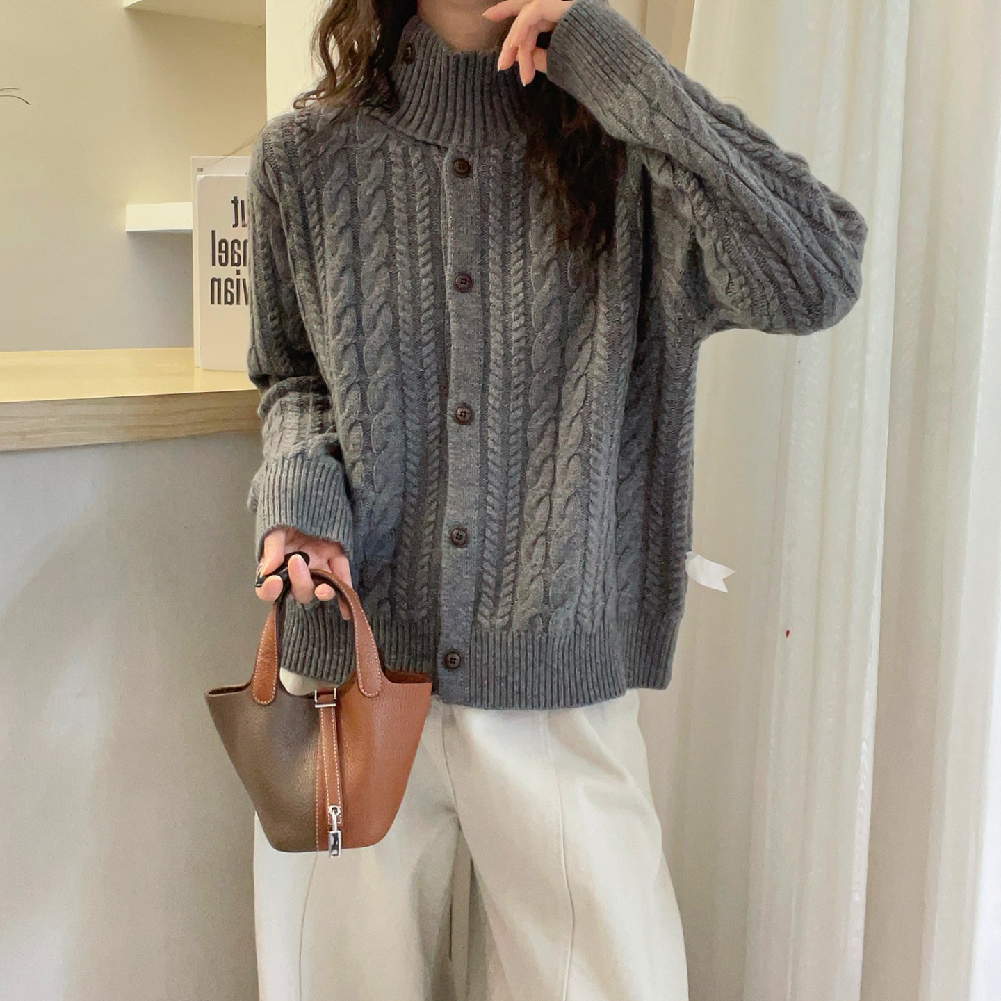 麻花纹绵羊毛针织开衫女欧货外套