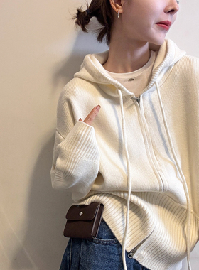 抽绳连帽山羊绒针织开衫女欧洲站2025冬装新款欧货女装毛衣外套潮