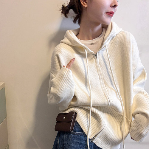 抽绳连帽山羊绒针织开衫女欧洲站