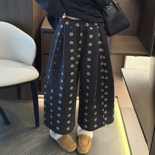 休闲裤 花朵刺绣羊毛呢加绒阔腿裤 欧货女装 新款 潮 女欧洲站2025冬装