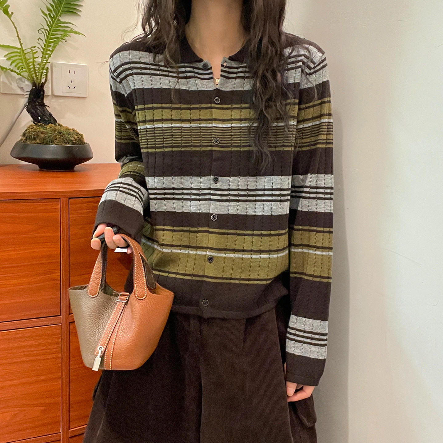 撞色条纹细羊毛针织开衫女欧洲站