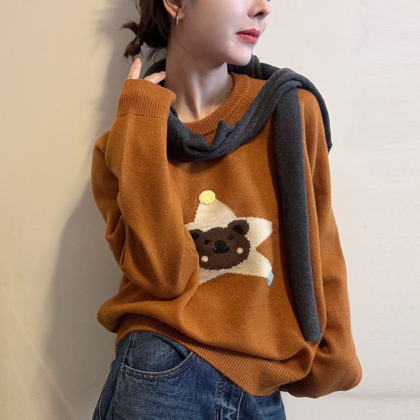 五角星小熊羊毛针织衫女欧货上衣