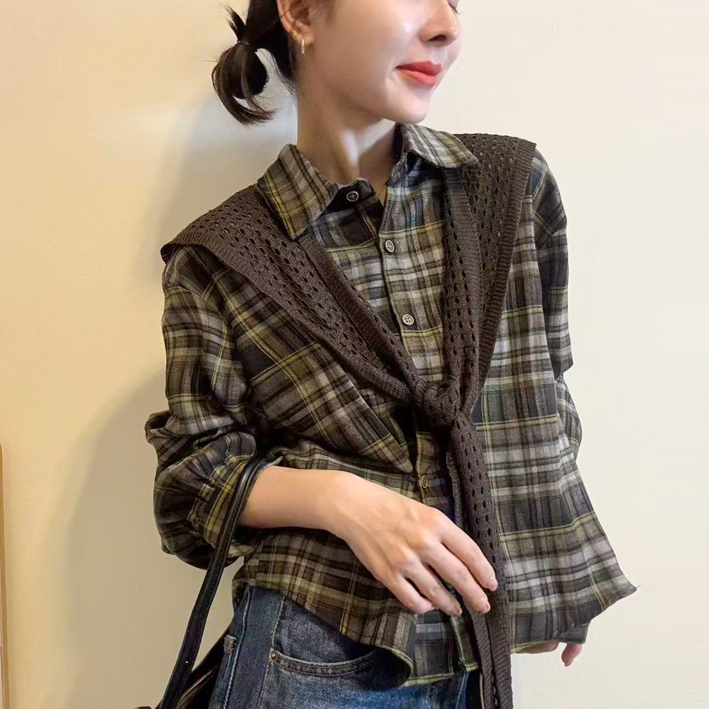 配披肩撞色格子衬衫女欧洲站上衣