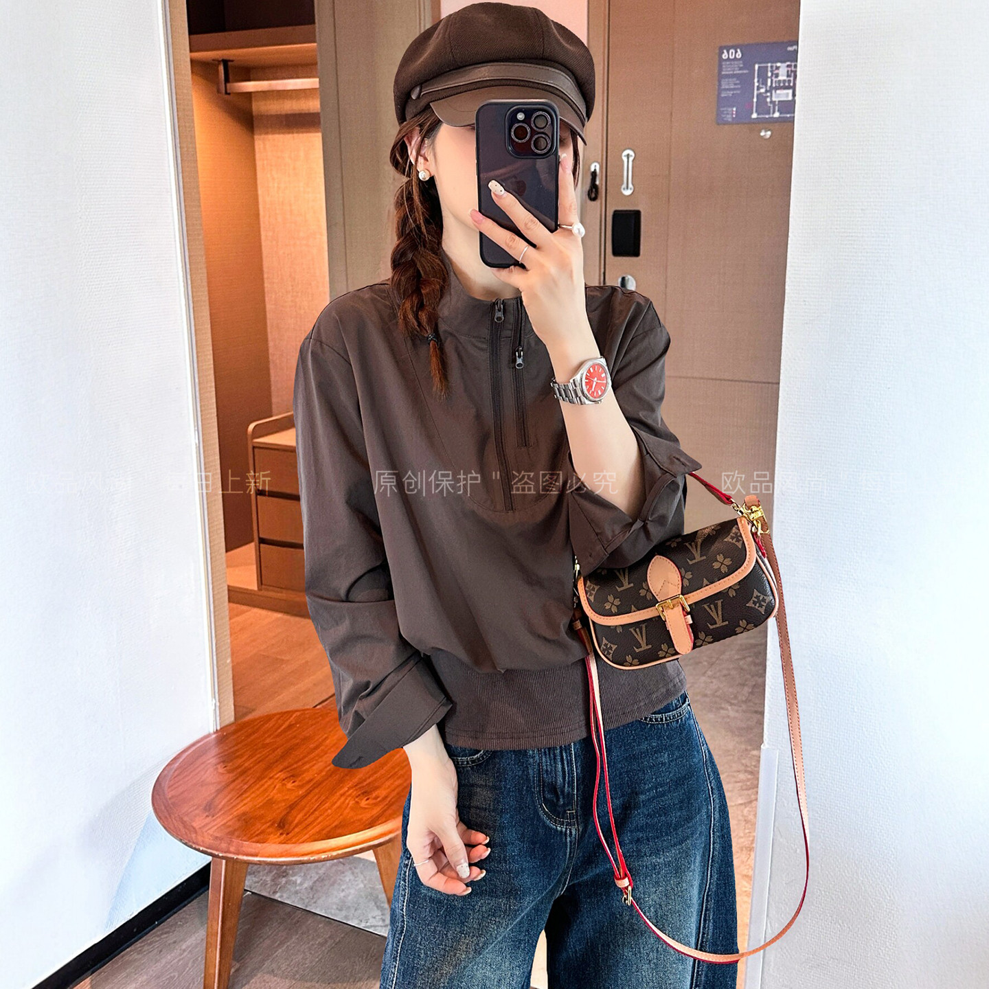 下摆拼接双拉链立领衬衫女欧洲站