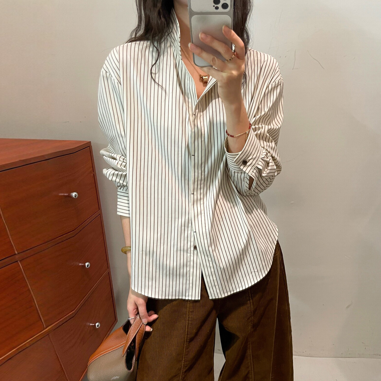 复古立领竖条纹衬衫女欧洲站上衣