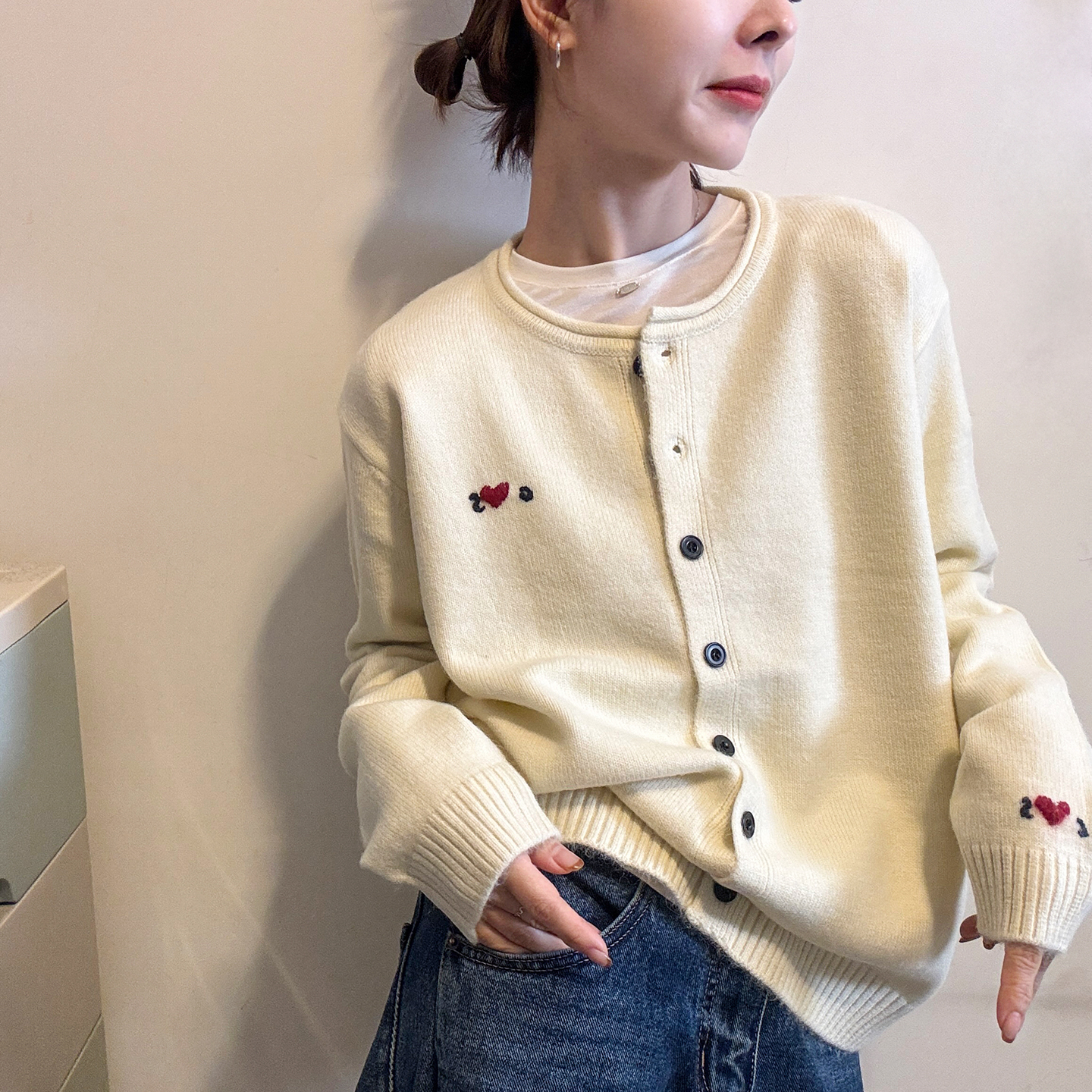 爱心刺绣细羊毛针织开衫女欧洲站