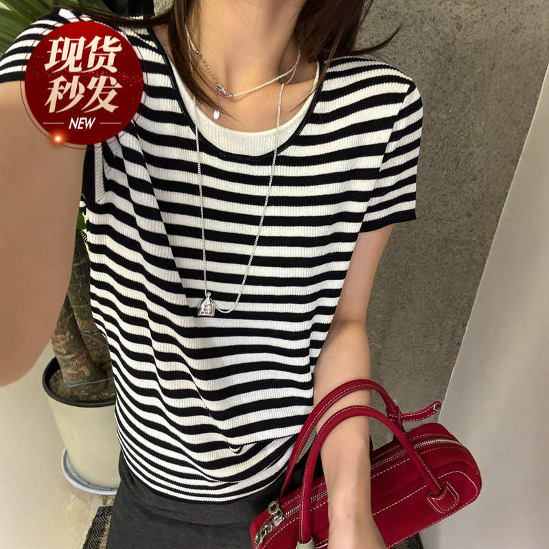 假两件条纹针织短袖T恤女欧洲站2026春装新款欧货女装打底小衫潮