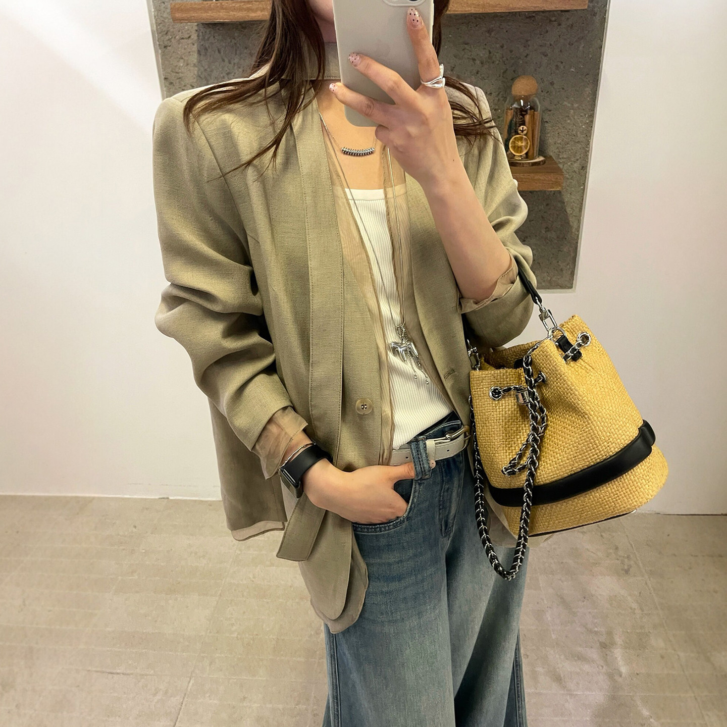 欧根纱飘带亚麻小西装女欧货外套