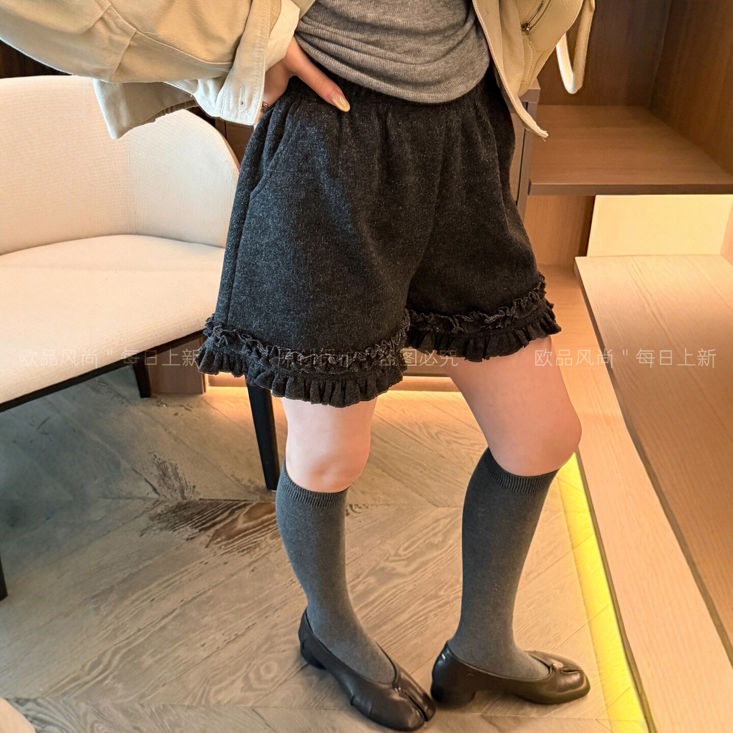 木耳边羊毛呢A字阔腿短裤女欧货